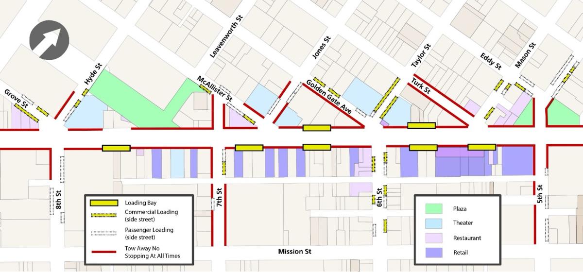  Map showing loading bays on Market Street at Mason Street; Sixth Street; Taylor Street; east of Jones Street mid-block south; east of Jones Street mid-block north; Seventh Street; and Eighth Street