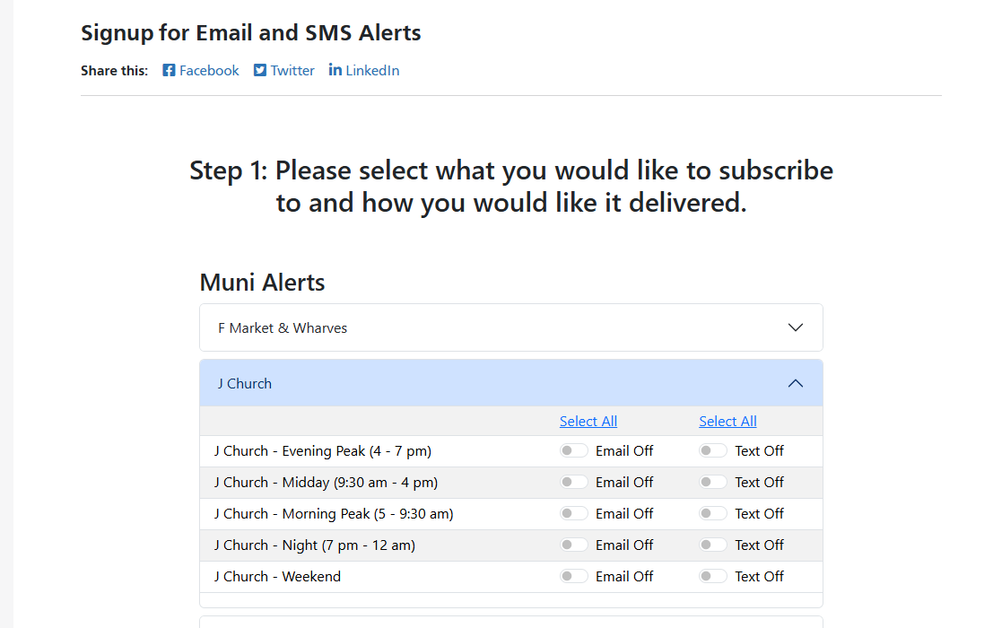 Photo of Muni Alert subscription page, with the J Church day-part options expanded