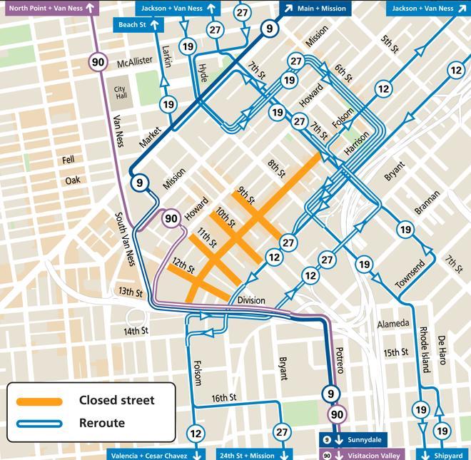 Map of street closures and Muni reroutes during the Folsom Street Fair