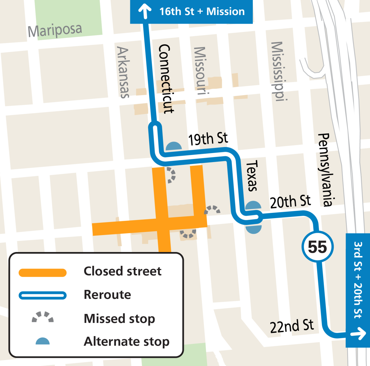 Map of street closures and Muni's 55 Dogpatch Route reroute during the Potrero Hill Festival