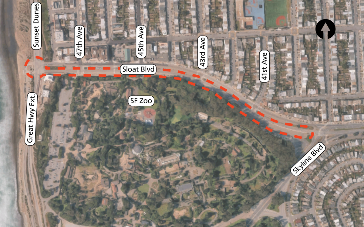 Map showing that the project impacts are limited to the Great Highway and Sloat Boulevard intersection and the south side of Sloat Blvd from Great Highway to Skyline Blvd.