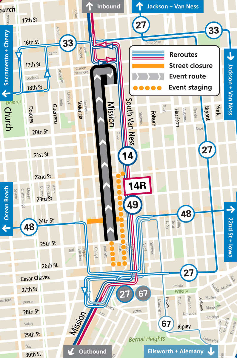 Map showing street closures and Muni service changes during Lowrider event in the Mission