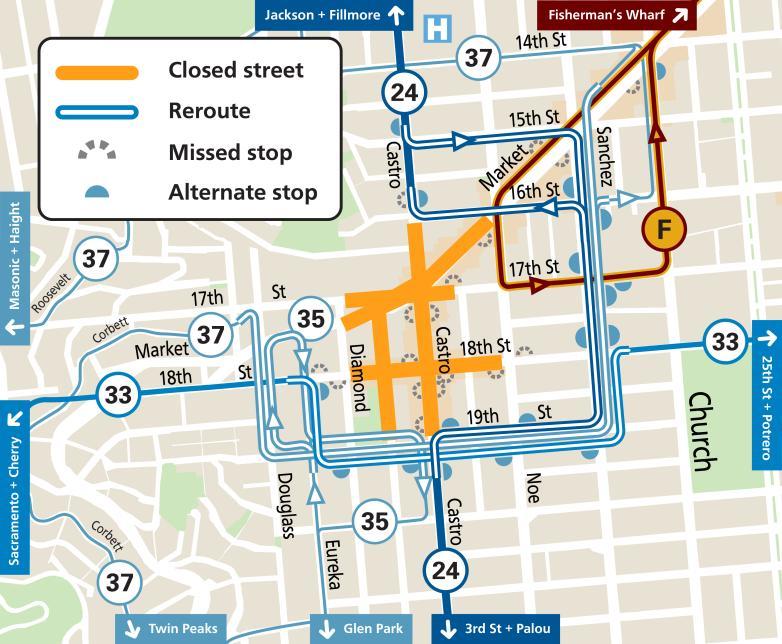 Map of street closures and Muni reroutes during the Castro Street Fair