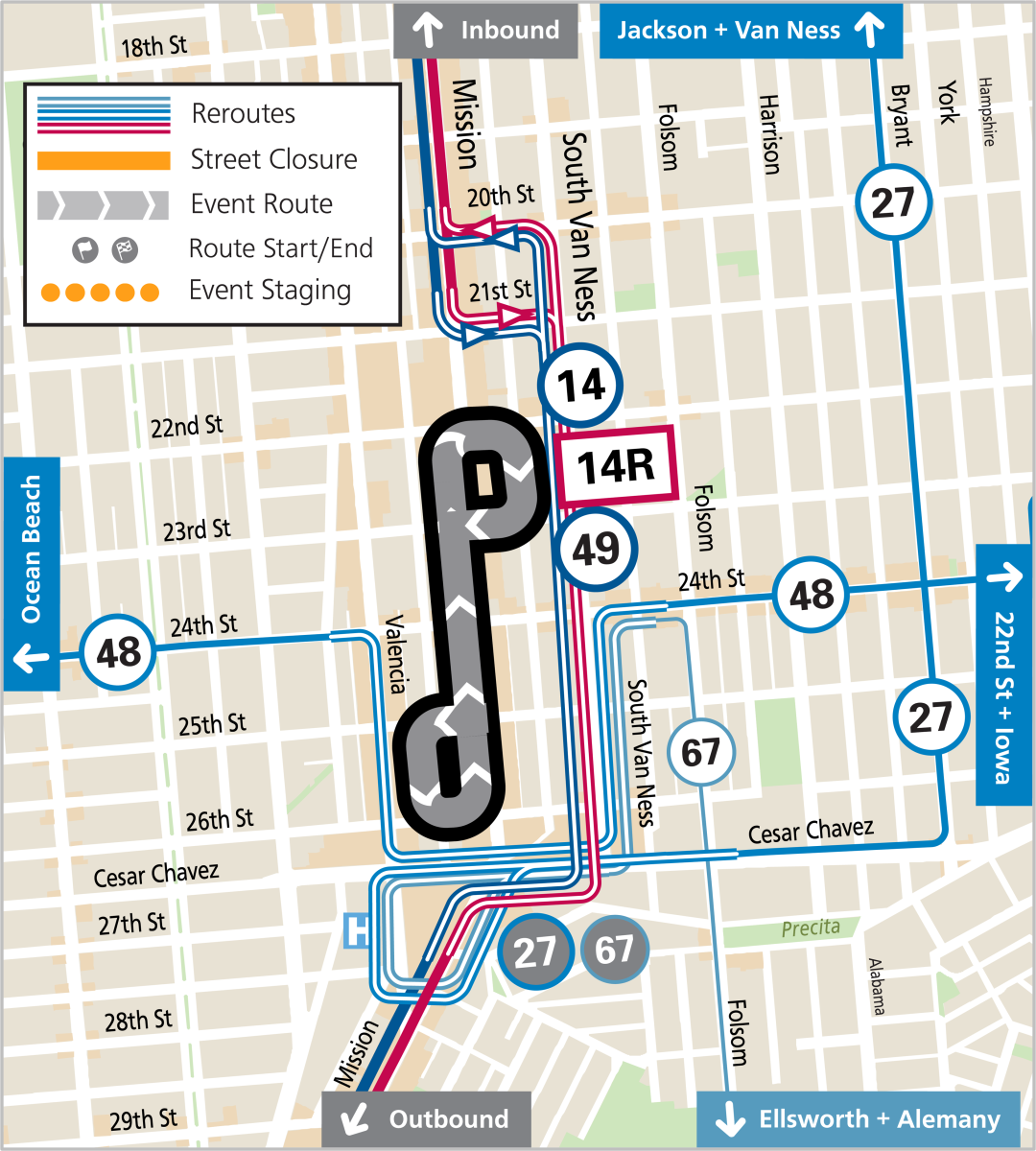 Map showing lowrider cruise route, street closures and Muni reroutes for Cold Frisco Nights Lowrider Car Show & Cruise