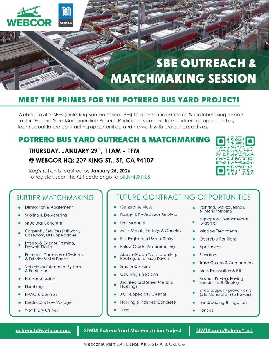 flyer advertising SBE Outreach & Matchmaking Session for the Potrero Bus Yard Project