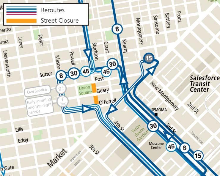 Map of street closures and Muni service changes during Winter Walk 2025