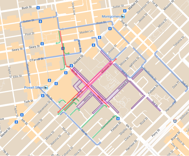 Daytime Map of street closures & traffic detours in SoMa during Super Bowl Experience events