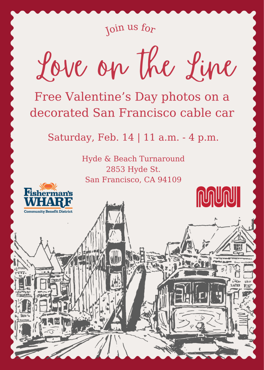 A flyer outlines the event details for the Love on the Line event. A sketch-style graphic depicts the Golden Gate Bridge and two cable cars. 