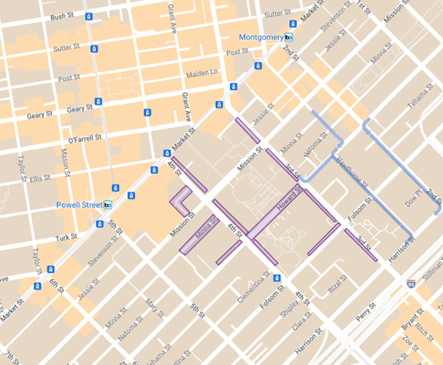 Map showing 24/7 street closures during Super Bowl experience events in SoMa