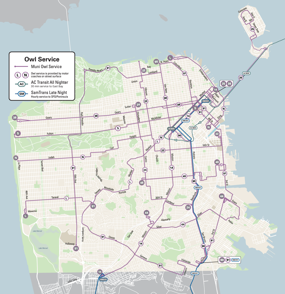 Map of the Muni Owl All-Nighter Service Routes