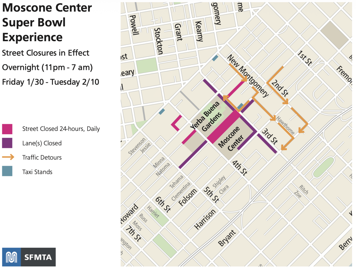 Map showing 24/7 street closures during Super Bowl experience events in SoMa
