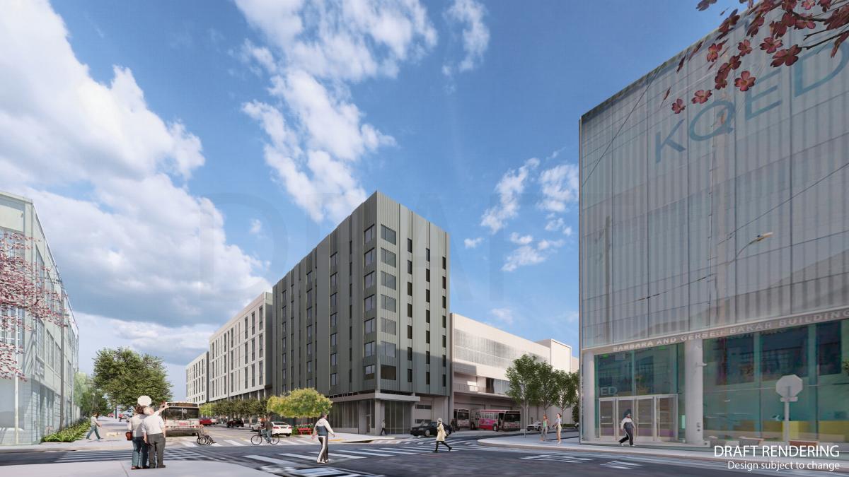 rendering showing a modern urban bus facility with adjacent housing units