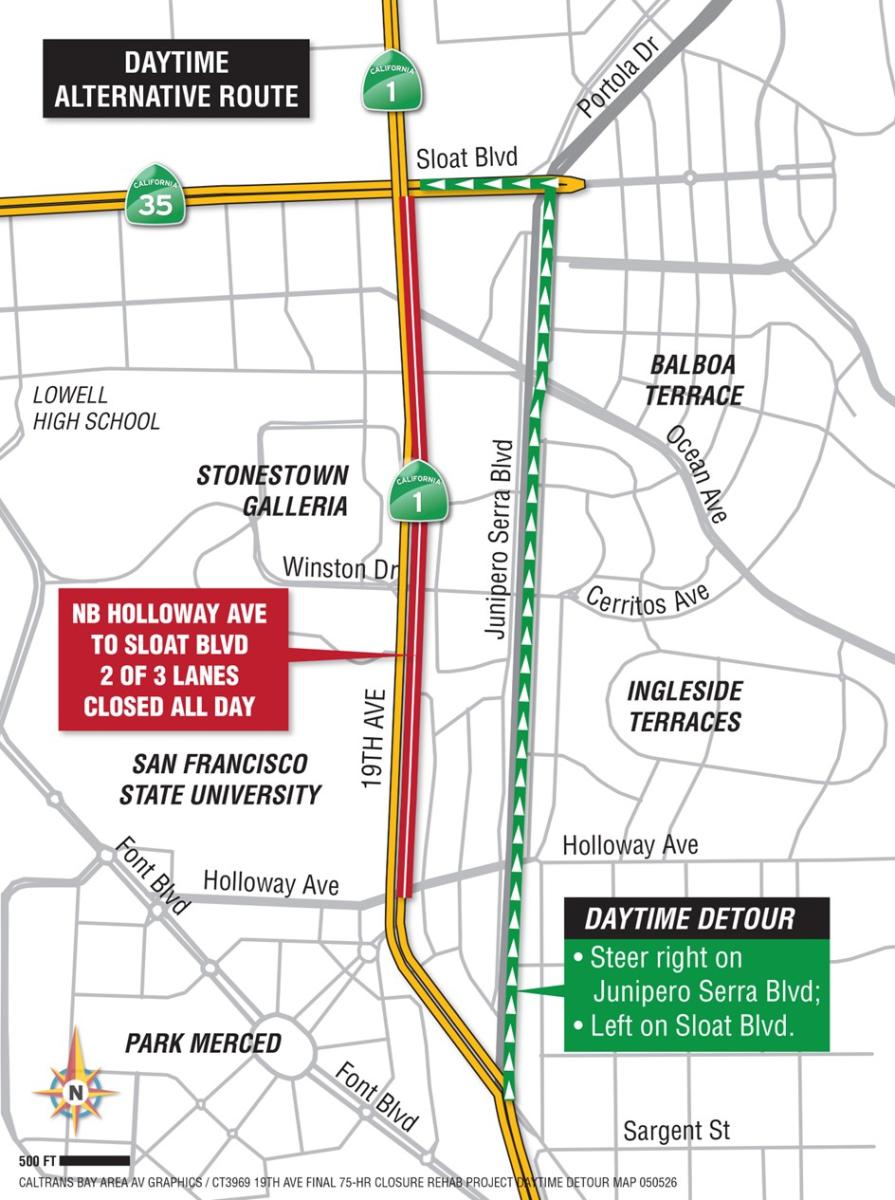 19th Avenue Repaving Daytime Map Map of daytime detour route for 19th Avenue repaving project