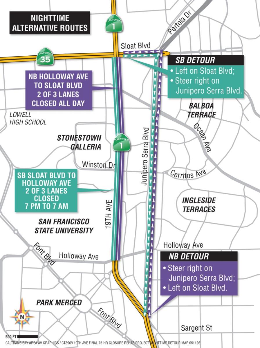 19th Avenue Repaving Nighttime Map Map of nighttime detour route for 19th Avenue repaving project