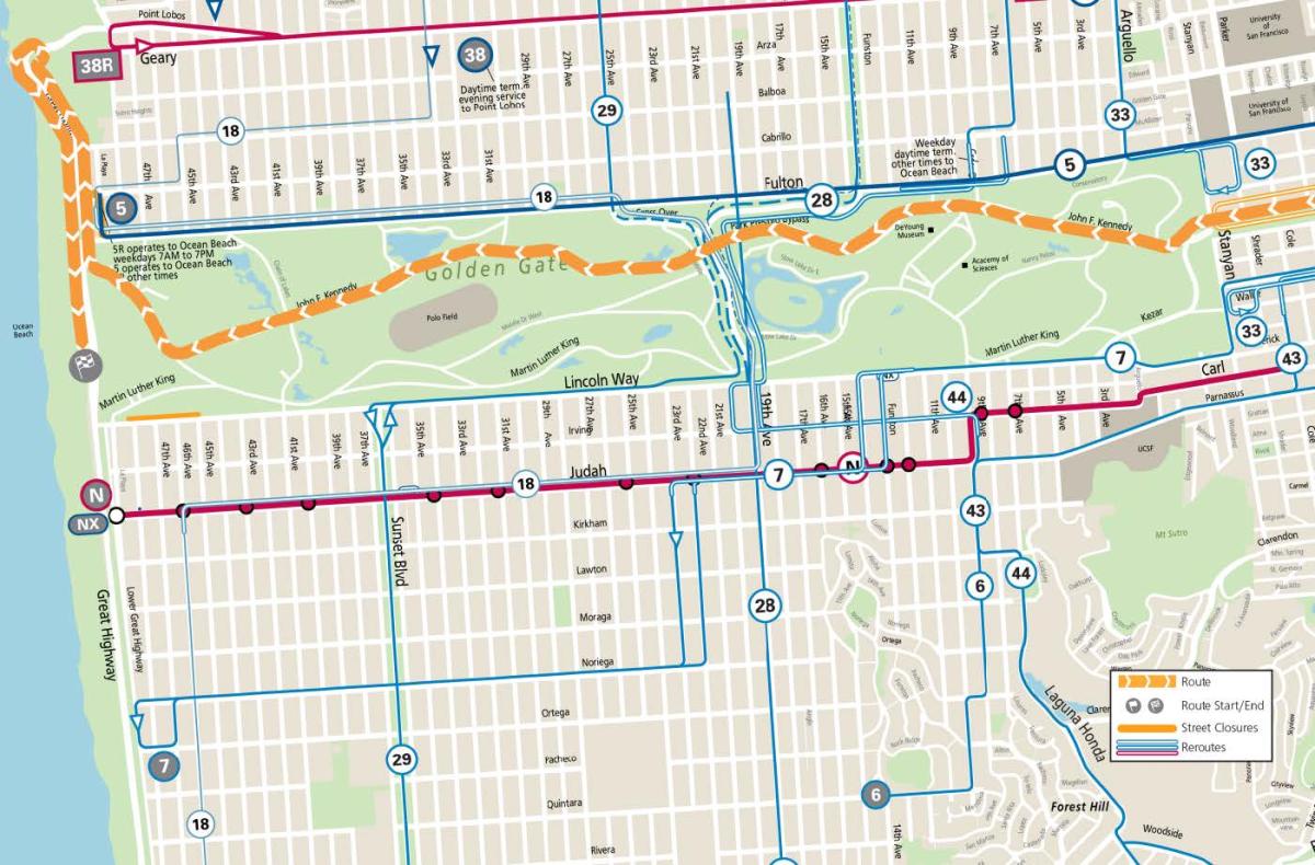Map showing all Muni reroutes on the west side during Bay to Breakers