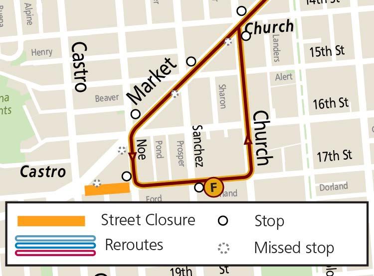 Map showing F Line service changes during Harvey Milk Day event
