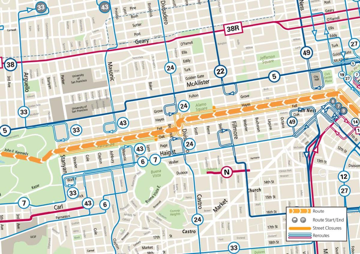 Map of all Muni reroutes in the Panhandle area during Bay to Breakers