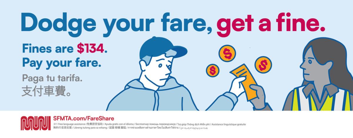 Image showing a fare evader receiving a citation from a fare inspector with text reading: Dodge Your Fare, Get a Fine. Fines are $134. Pay Your Fare