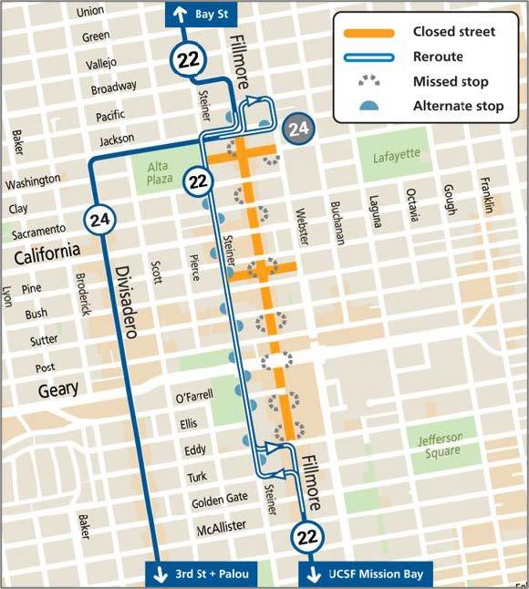 Map showing street closures, event area, and Muni reroutes during the Fillmore Jazz Festival
