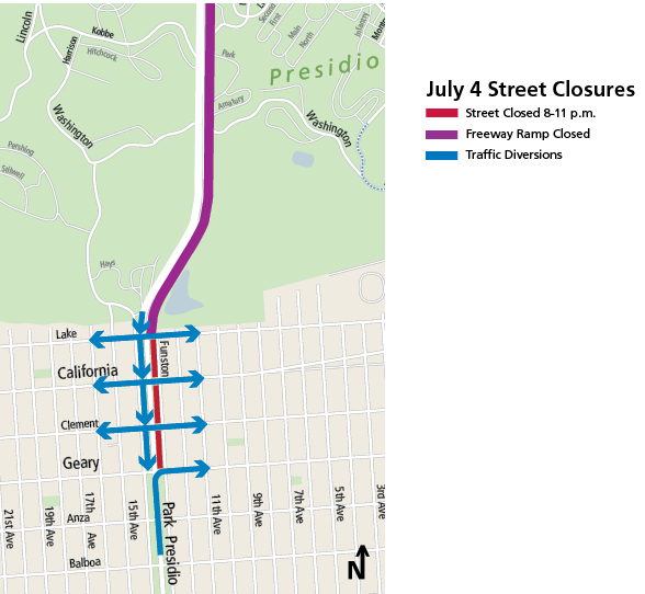 Park Presidio road closure map Map showing road closure of Park Presidio north of Geary, related traffic diversions, and freeway ramp closure.