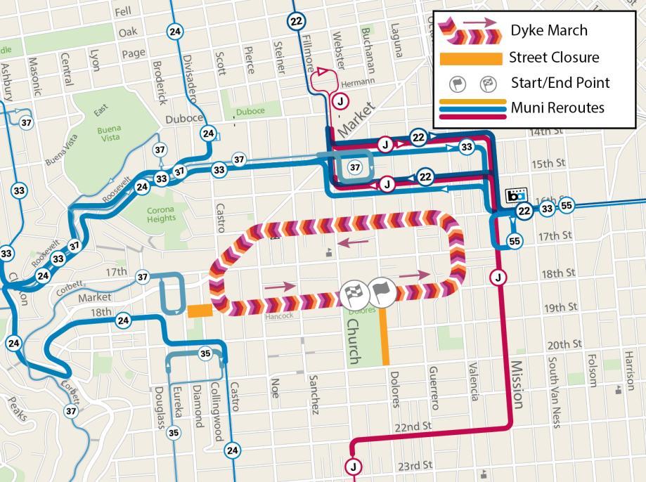 Map showing Muni reroutes during the annual Dyke March in the Dolores Park and Castro areas.