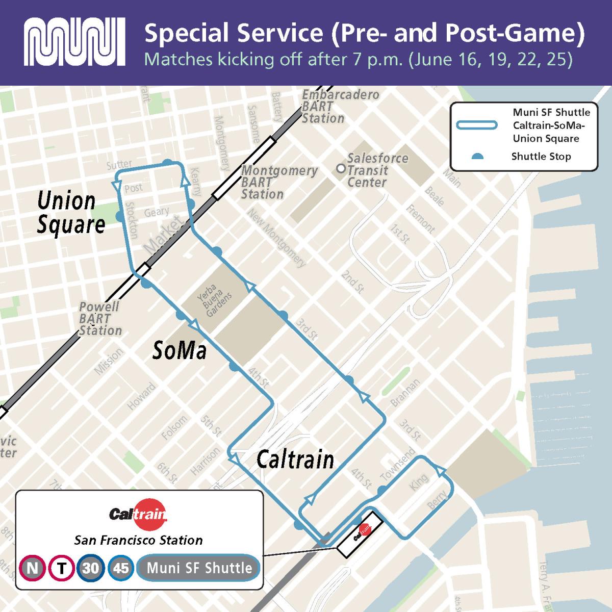 SF Shuttle for FIFA World Cup late-night service running between Caltrain and Union Square.