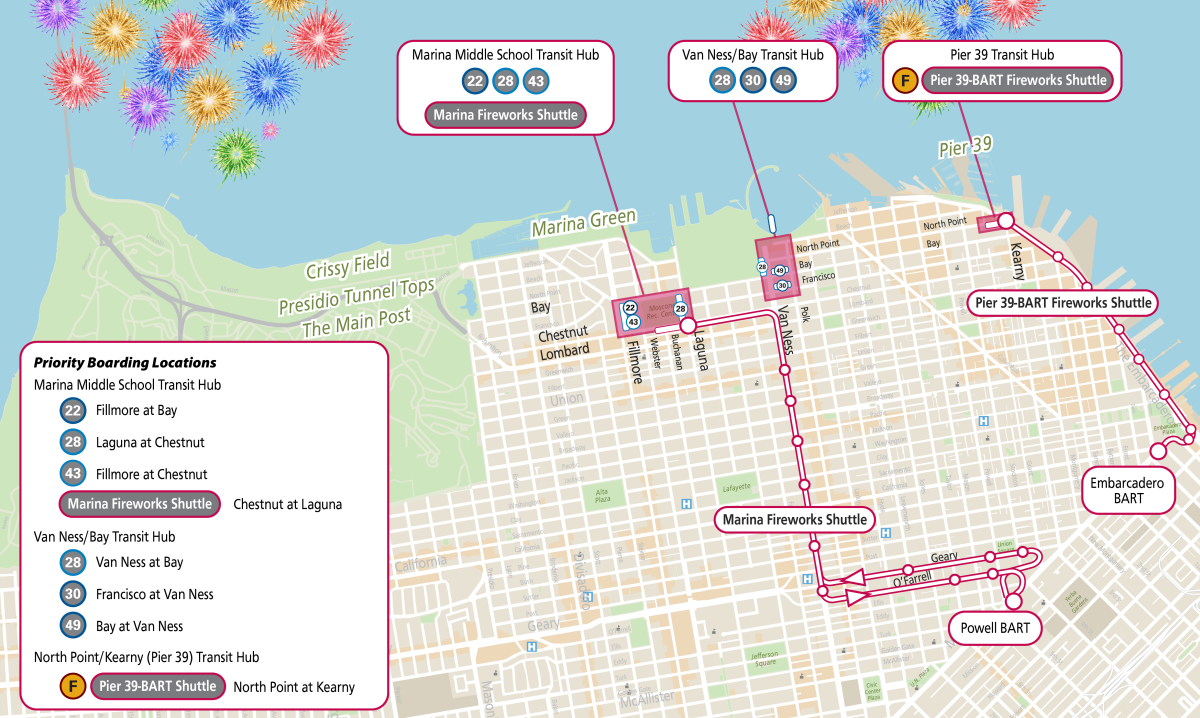 Fireworks Transit Hub and priority boarding locations map Map showing priority boarding locations and Transit Hub locations during July 4th Fireworks show