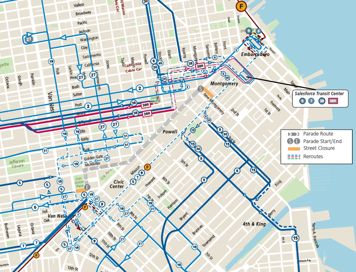 Map of Muni service reroutes during the annual Sikh Day Parade