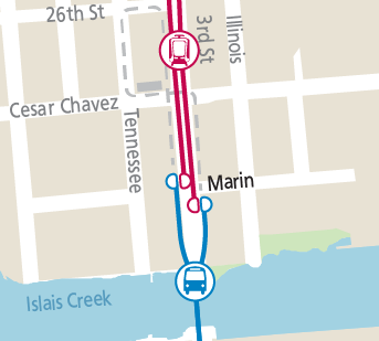 Map showing the 3rd & Marin transfer point in more detail.