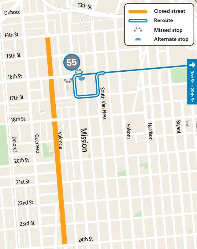 Sunday Streets Mission on Valencia Service Map Map showing Valenica Street closure and Muni's 55 Dogpatch Route reroute during Sunday Streets