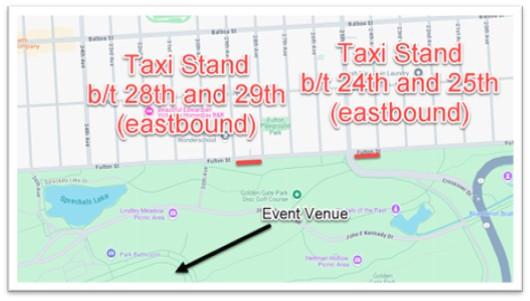 Map of taxi stands between 28th and 29th (eastbound) and between 24th and 25th (eastbound).