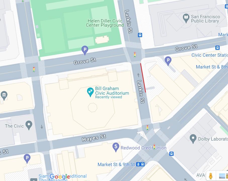 Map of taxi stand on Larkin St. between Hayes and Grove.