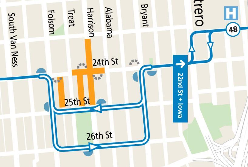 Map showing street closures and the planned reroute of the 48 Quintara/24th St. bus route during the Fiesta de las Americas event in The Mission