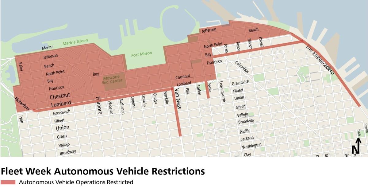 Map showing the geofence locations/boundaries for autonomous vehicles during Fleet Week.