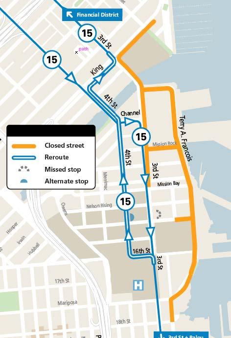 Map showing street closures and the planned reroute of the 15 Bayview Hunters Point Express Route during the JP Morgan Chase Corporate Challenge event in the Mission Bay area