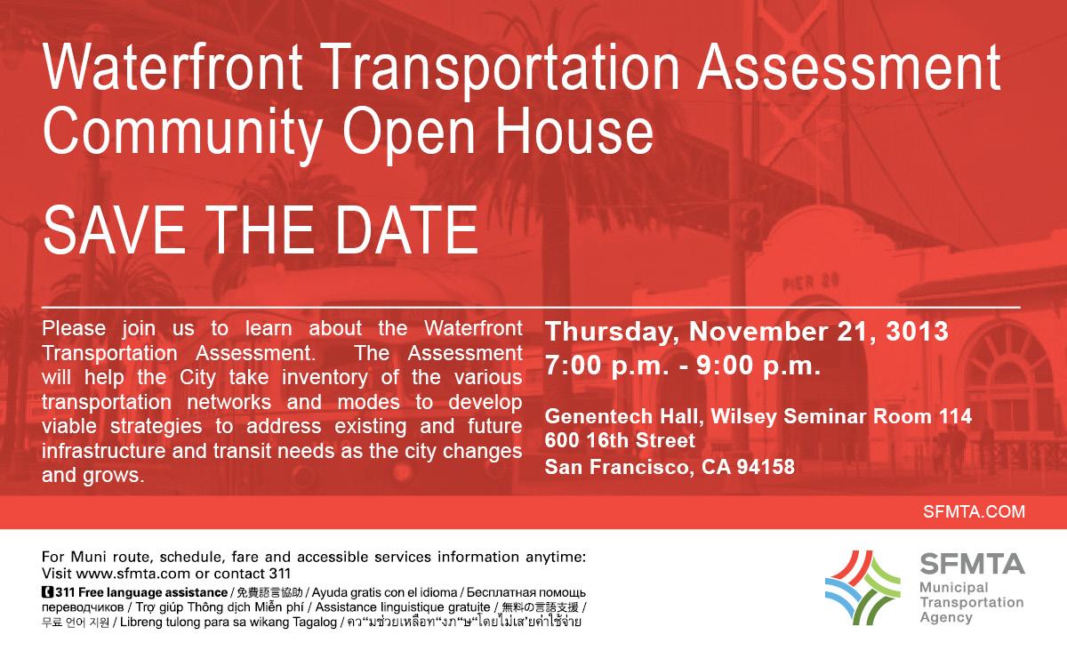 Red save-the-date flyer for Waterfront Transportation Assessment Community Open House on November 21, 2013 at Genentech Hall in San Francisco.
