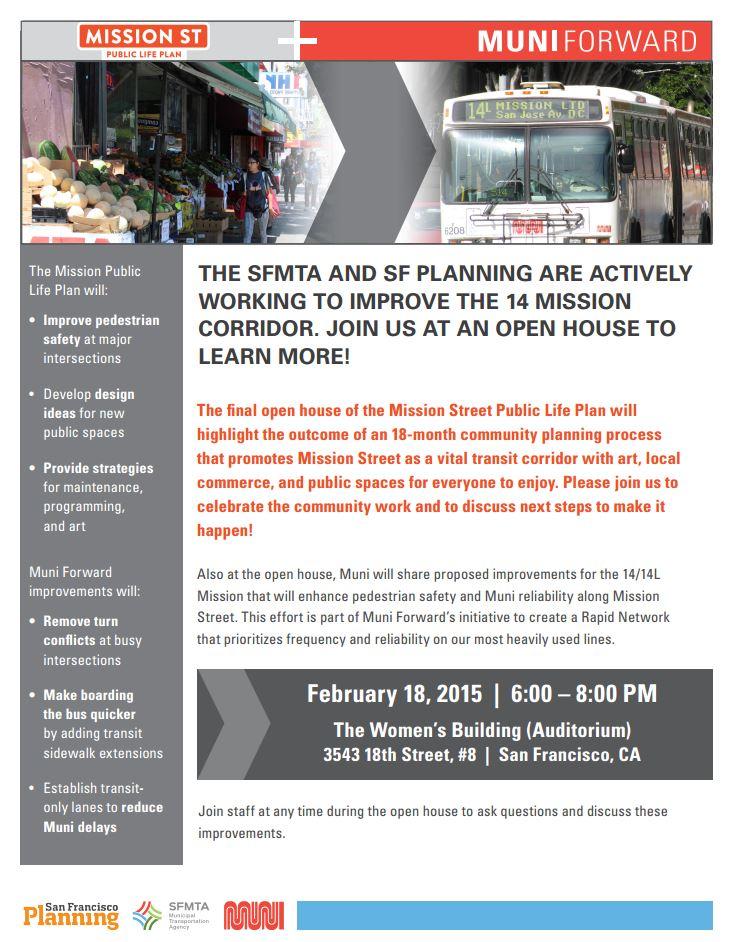 Mission Street Public Life Plan open house flyer with street scene, Muni bus, and event details for February 18, 2015.