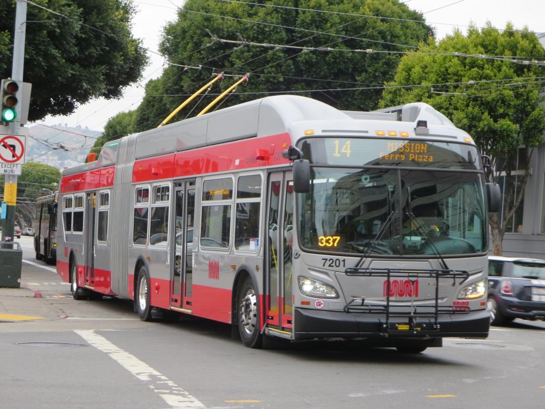 Red and white 60-foot electric trolley bus number 7201 on Mission Street route 14, with overhead wires visible.