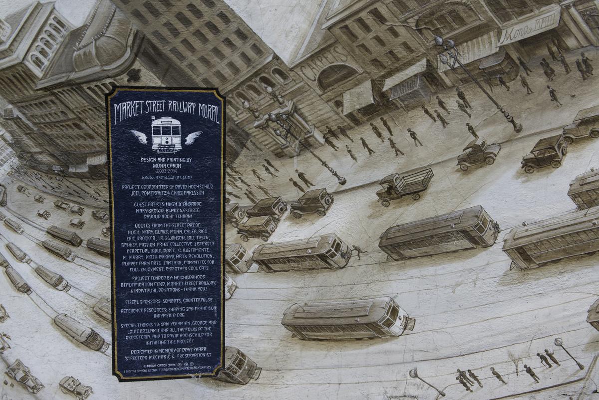 Market Street Railway Mural showing historical streetcars and buildings in sepia tones with commemorative plaque.