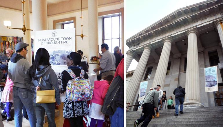 Visitors explore SFMTA history exhibits inside a classical building; people climb exterior steps of the Old Mint with Greek columns.
