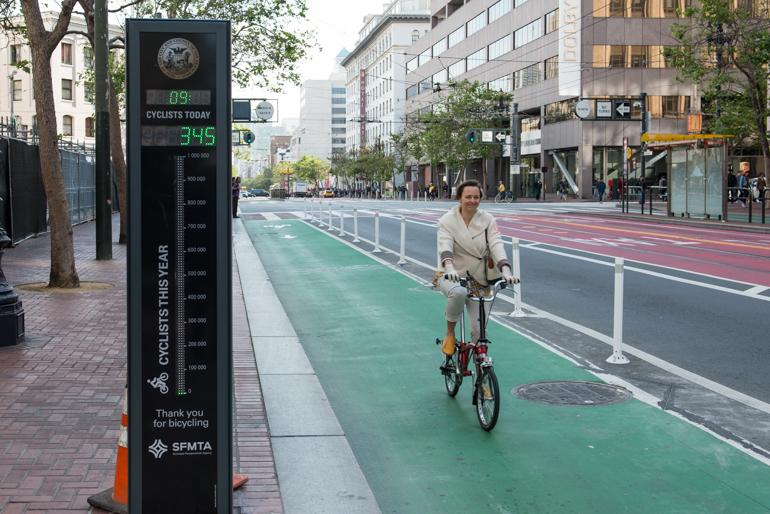 Cyclist rides past digital bike counter displaying daily cyclist count on green protected bike lane.