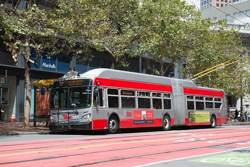 Red and white articulated bus stopped on Market Street with trees and storefronts visible.