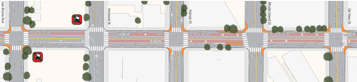 Aerial street map showing 16th Street intersection with bike lanes, crosswalks, trees, and traffic signals.