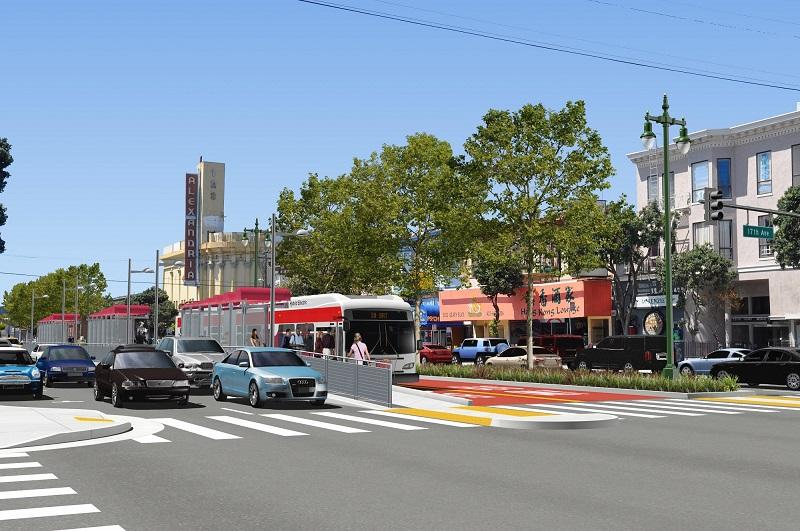Geary BRT street scene with red transit-only lanes, bus shelters, and vehicles at intersection with trees and buildings.