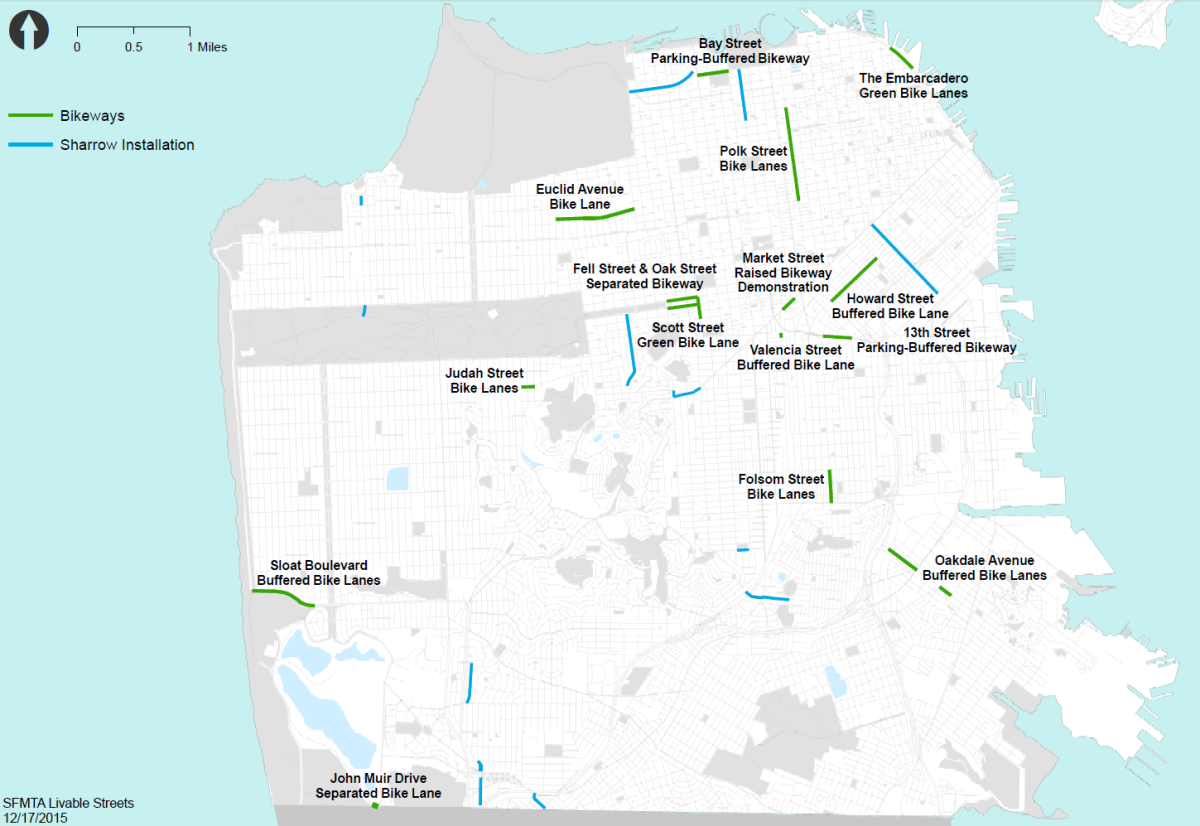 Map showing SFMTA bike lanes and bikeways completed across San Francisco in 2015.