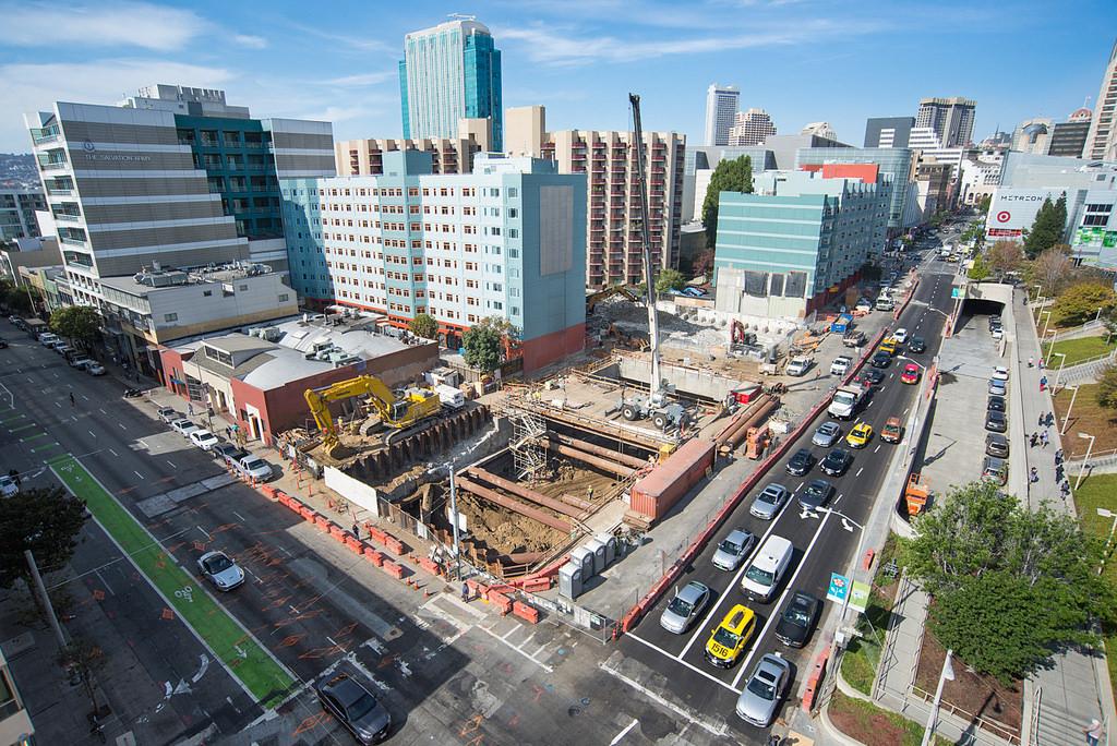 Aerial view of Central Subway construction site at 4th and Folsom Streets near Moscone Center in San Francisco.
