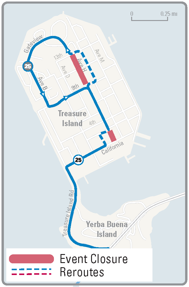 Route 25 Treasure Island construction closure and detour map showing event closures in red and reroutes in dashed magenta lines.