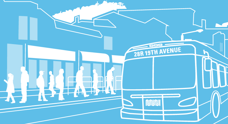 Illustration of a bus labeled 28R 19th Avenue at a transit stop with passengers waiting on the platform.