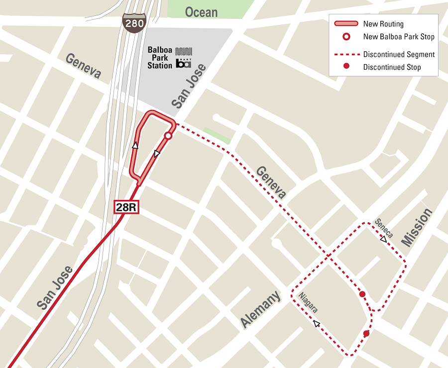 Map showing Route 28R changes with new routing to Balboa Park Station and discontinued segment near Mission Street.