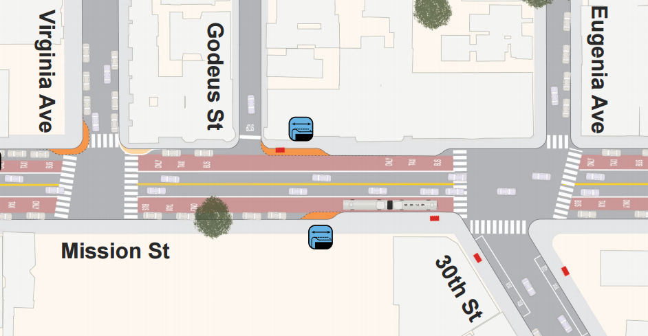 Map showing Mission and 30th Street intersection with bulbout extensions highlighted in orange.